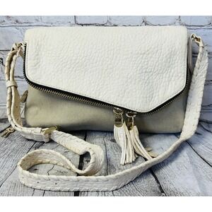 Henri Bendel Vintage Beige Pebbled Leather Canvas Crossbody Shoulder Bag
